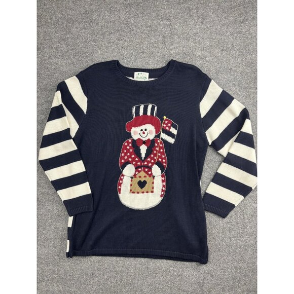 Vintage Quacker Factory Sweater Womens Large Patriotic Snowman Striped Stars 90s - Picture 1 of 7